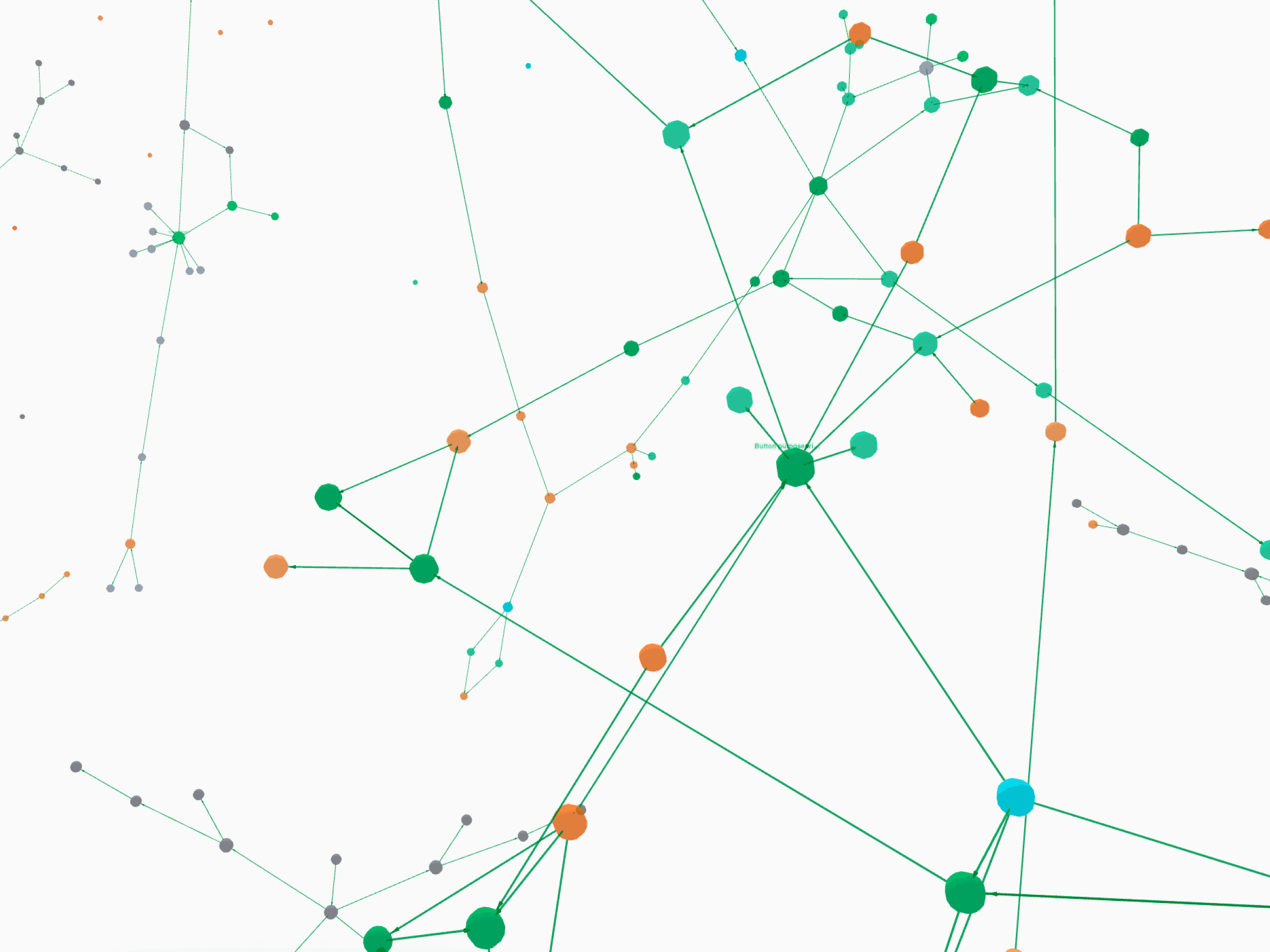 A Morpius knowledge graph — green, teal and orange nodes of varying size joined by a web of directed edges across a pale canvas